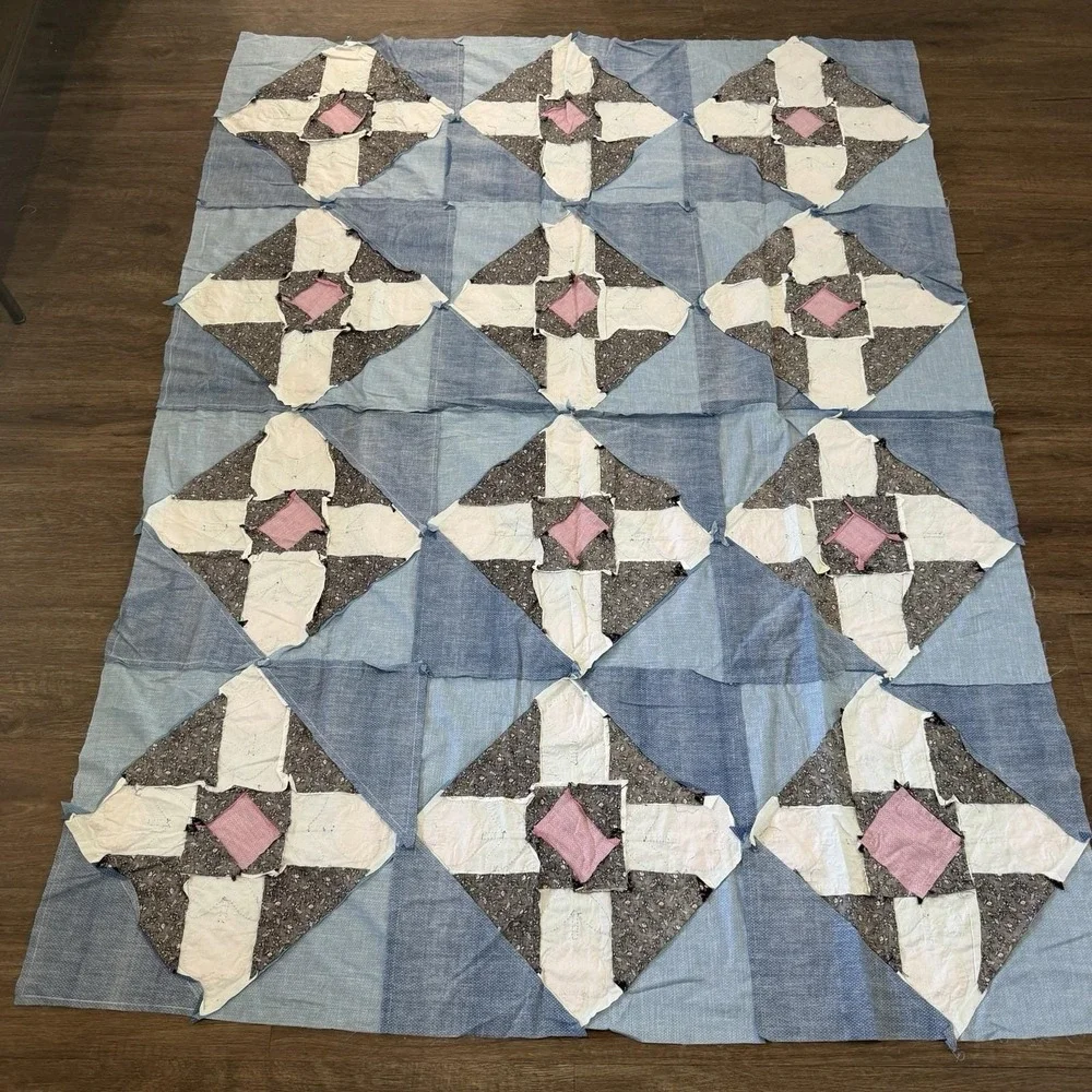 Vintage Antique Hand Pieced Quilt Top Tulip Flowers Floral 64 x 84 UNFINISHED
